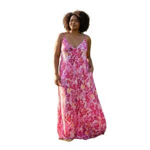 VAN WINKLE & CO. Hot Pink Floral Woven Satin V-Neck Sleeveless Maxi Chemise 3X